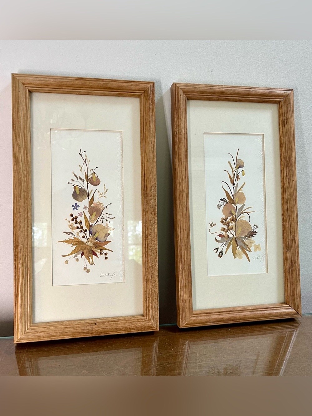Pair Pressed Dried Flowers Framed Botanical Floral Art Mid-Century Vintage